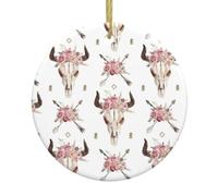 Tribal Bull Skull On White Print Personalized Christmas Decorations,Round Ceramic Decorations,Home Decoration Pendants