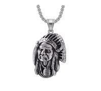 Tribal Chief Head Pendant for Men American Indian Chief Head Necklace Silver Indian Chief Warrior Jewellery for Men
