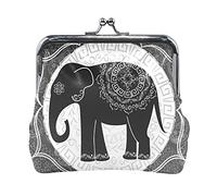 Tribal Ethnic Indian Elephant with Mandalas Black White Women Leather Coin Purse, Hasp Card Key Change Wallet, Small Buckle Handbag Case, Kiss Lock Mini Clutch Pouch Pocket for Girls Ladies