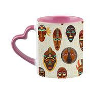 Tribal Ethnic Seamless Pattern with African Motifs, Terracotta mask, Perfect for Decorative Garden, Summer Special Novelty Mug, Heart Handle Unique Ceramic Cup/Mug. (Pink)