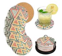 Tribal Geometric Pattern Felt Coasters Set of 6, Round Absorbent Drink Coasters, Non-Slip Cork Backing, Removable Holder