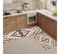 Tribal Geometric Stripes Rugs Sets Of 2, Non Slip Kitchen Mat Set | Bohemian Rhombus Square Washable Kitchen Rug Mats, Reddish-Brown Runner Rug Floor Carpet For Laundry, Hallway, 50X80+50X120