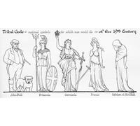 Tribal gods - national symbols for which men would die - from the 19th century. From left to right John Bull bulldog English Liberty Britannia Germania France Cathleen Ni Houlihan or Kathleen Ni
