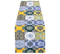 Tribal Moroccan Portuguese Tiles Ornaments Blue White Yellow 13" X 90" Rectangle Table Runner Long Tablecloth Placemat for Party Home Decor Indoor Outdoor Office Kitchen Dining Wedding