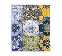 Tribal Moroccan Portuguese Tiles Ornaments Blue White Yellow Pattern Waterproof Shower Curtain, Machine Washable Polyester Cloth with 12 Hooks, No Smell Bath Tub Stall Curtain Liner 48"(W) x72(H)