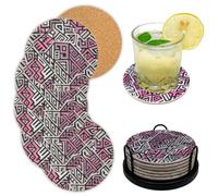 Tribal Pattern Felt Coasters Set of 6, Round Absorbent Drink Coasters, Non-Slip Cork Backing, Removable Holder
