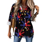 Tribal Philippines Filipino Sun and Stars Flag Women's Button-Down Shirts Long Sleeve Irregular Hem Blouses V-Neck T-Shirts Tops