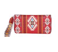 Tribal printed wallet, zipper closure with wristband, red and white Aztec pattern design, multiple card slots and compartments