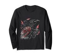 Tribal Raven Tattoo Art with Red Accents Design Long Sleeve T-Shirt