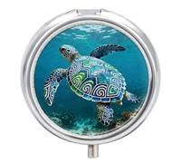 Tribal Sea Turtle Pill Box, 3 Compartment Small Pill Case, Metal Round Portable Storage Box Stores Vitamins, Medicines, Fish Oil and Supplements