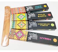 Tribal Soul Incense Sticks 4 Pack Gift Set - White Copal, Palo Santo, Sweetgrass & Cedar, Mirra - Natural Hand-Rolled Smudge Sticks with Wooden Holder - Relaxation, Meditation & Purification TS1