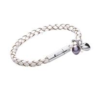 Tribal Steel Women's White Leather Charm Bracelet with Freshwater Pearl - Extra Secure Riveted Lever Clasp
