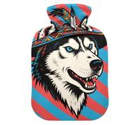 Tribal Style Husky Dog Red and Blue Stripes hot Bottle Water Bag with Soft Cover, 1L Water Bottle Bag for Hot and Cold Therapies, Sore Muscle, Bolsa para cólicos menstruales