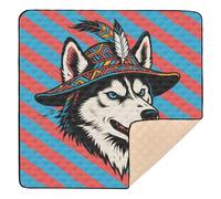 Tribal Style Husky Dog Red and Blue Stripes Soft Thick Baby Play mat Activity Gym for Indoor Outdoor Washable foldablravel Play Mat for Baby Toddler Infant, 50'' x 50''alfombras para jugar
