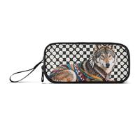 Tribal Style Wolf White Black Checked Nylon Pencil Bags for Teen Girls Large Capacity Pencil Storage Case School Stationery for Office Kids