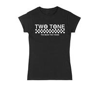 Tribal T-Shirts 2 Tone Too Much Too Young Narrow Logo Women's Ska T-Shirt (Small, Black)