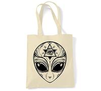 Tribal T-Shirts Alien Face Area 51 UFO Large Print Tote Shoulder Shopping Bag (Cream)
