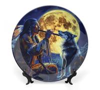 Tribal Wolf Song Native American Decorative Plate Ceramic China Plates with Display Stand for Home Wall Decor 8inch
