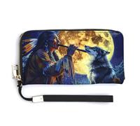 Tribal Wolf Song Native American Leather Wallet Fashion Purse Long Pouch with Wrist Strap for Men Women