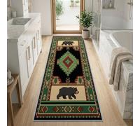 Tribe Geometric Rhombus Black Bear Print Long Hallway Carpet Runner 60 x 180 cm, Green Rug Runners for Entryway, Machine Washable Foldable Playing Mat, Cozy Low Pile Carpets for Porch Nursery