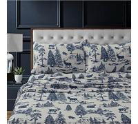 Tribeca Living 100% Cotton Flannel Sheet Set - 200 GSM, Deep Pocket, Ultra Soft & Cozy, King, Deer Toile Navy