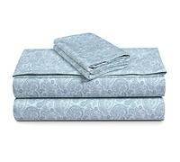 Tribeca Living Cotton Percale Sheets Twin XL Size, Extra Deep Pocket Bed Sheet Set, 300 Thread Count, Printed Danielle Paisley Blue