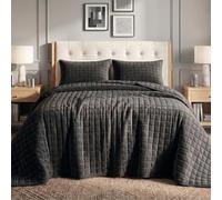 Tribeca Living Florence Velvet Oversized Solid Quilt Set, Microfiber, Smoke Grey, Queen