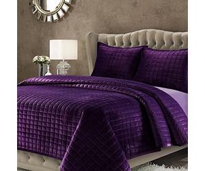 Tribeca Living FLORENCEQUIQUPU Florence Velvet Oversized Solid Quilt Set, Queen, Purple