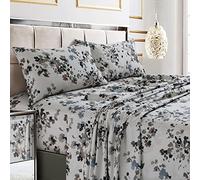 Tribeca Living Full Size Bed Sheet Set, 300 Thread Count Soft Cotton Sateen, Floral Print with Extra Deep Pockets, 4-Piece Bedding Set, Lisbon Grey/Multicolor