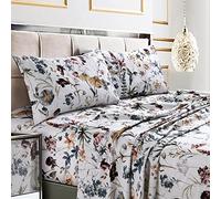 Tribeca Living Queen Bed Sheet Set, 300 Thread Count Soft Cotton Sateen, Floral Print with Extra Deep Pockets, 4-Piece Bedding Set, Amalfi Deep Red/Multicolor
