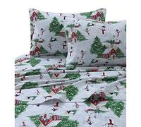 Tribeca Living Snowman Printed Flannel Deep Pocket Sheet Set, Red/Green, Twin XL