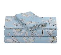 Tribeca Living Soft Cotton Sateen Floral Print, Extra Deep Pocket, 300 Thread Count, 4-Piece Bed Sheet Set, California King, Colmar Navy Blue/Multi