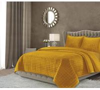 Tribeca Living Velvet King Quilt Set, Three-Piece Box Stitch Bedding, Includes Oversized Quilt & Two Shams, 260GSM Super Soft Velvet, Gold