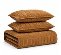 Tribeca Living Velvet Queen Quilt Set, Three-Piece Box Stitch Bedding, Includes Oversized Quilt & Two Shams, 260GSM Super Soft Velvet, Camel