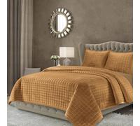 Tribeca Living Velvet Queen Quilt Set, Three-Piece Box Stitch Bedding, Includes Oversized Quilt & Two Shams, 260GSM Super Soft Velvet, Camel
