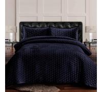 Tribeca Living Velvet Queen Quilt, Three-Piece Honeycomb Stitch Bedding Set Includes One Oversized Quilt & Two Sham Pillowcases, 260GSM Super Soft Velvet, Lugano/Indigo