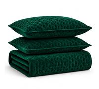 Tribeca Living Velvet Queen Quilt, Three-Piece Honeycomb Stitch Bedding Set Includes One Oversized Quilt & Two Sham Pillowcases, 260GSM Super Soft Velvet, Lugano/Emerald Green