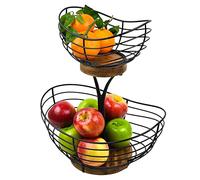 Tribello Modern Farmhouse 2 Tier Fruit Basket for Kitchen Counter, Vintage Wire and Wooden Base Fruit Bowl / Stand for Kitchen countertop Decor - Double Tree Fruit & Vegetables Basket