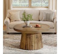 Tribesigns Coffee Table, 31.5 Small Farmhouse Round Coffee Tables with Fluted Drum Base,Brown
