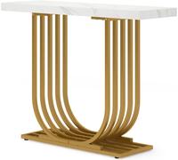 Tribesigns Modern Console Table with Gold Base, 90cm Faux Marble Entrance Foyer Table, Narrow Sofa Accent Table with Geometric Metal Legs for Living Room, Hallway, Entrance, White and Gold