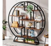 Tribesigns Round Etagere Bookcase - 63-Inch Industrial Open Shelf with Staggered Shelves, 8-Tier, Rustic Black/Brown