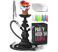 tricase Portable Shisha Pipe set with everything - Hookah Set 2 Hose - LilOne 12” Black Mini with 50x Foil, Bowl, 10x Tips, 2x Mouthpiece, 2x Hose, Tongs