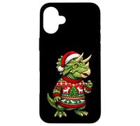Triceratops Dinosaur Ugly Sweater Santa Hat Christmas Case for iPhone 16 Plus