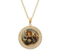 Triceratops in The Forests Fashion Necklace Chain Round Graphic Pendant with Diamond Jewellery Golden-style