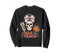 Trick Or Teach Teacher Halloween Coquette Bow Messy Bun Sweatshirt