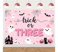 Trick or Three Backdrop Pink Halloween 3rd Birthday Decorations Funny Halloween Pumpkin Ghost Photography Props for Girls Halloween Boo I'm Three Birthday Party Decor Photo Booth Props 7×5ft