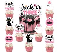 Trick or Three Cake Cupcake Toppers Pink Halloween 3rd Birthday Party Decorations Boo Ghost Pumpkin Bats Cake Decor Double-Sided Printing for Girls Third Booday Party Decor Supplies
