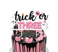 Trick or Three Cake Topper Pink Halloween 3rd Birthday Decorations Funny Halloween Theme Cake Decoration for Girls Boo I'm Three Birthday Party Decor Supplies