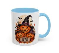 Trick or Treat Halloween Mug, Pumpkin Witch Design, Baby Blue 11oz | Trick or Treat Halloween mug with three jack-o'-lantern pumpkins in witch hats - fun spooky season autumn design