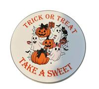 Trick or Treat Round Tin Halloween Theme with Ghosts and Pumpkins made by Buttons and Bows Kettering